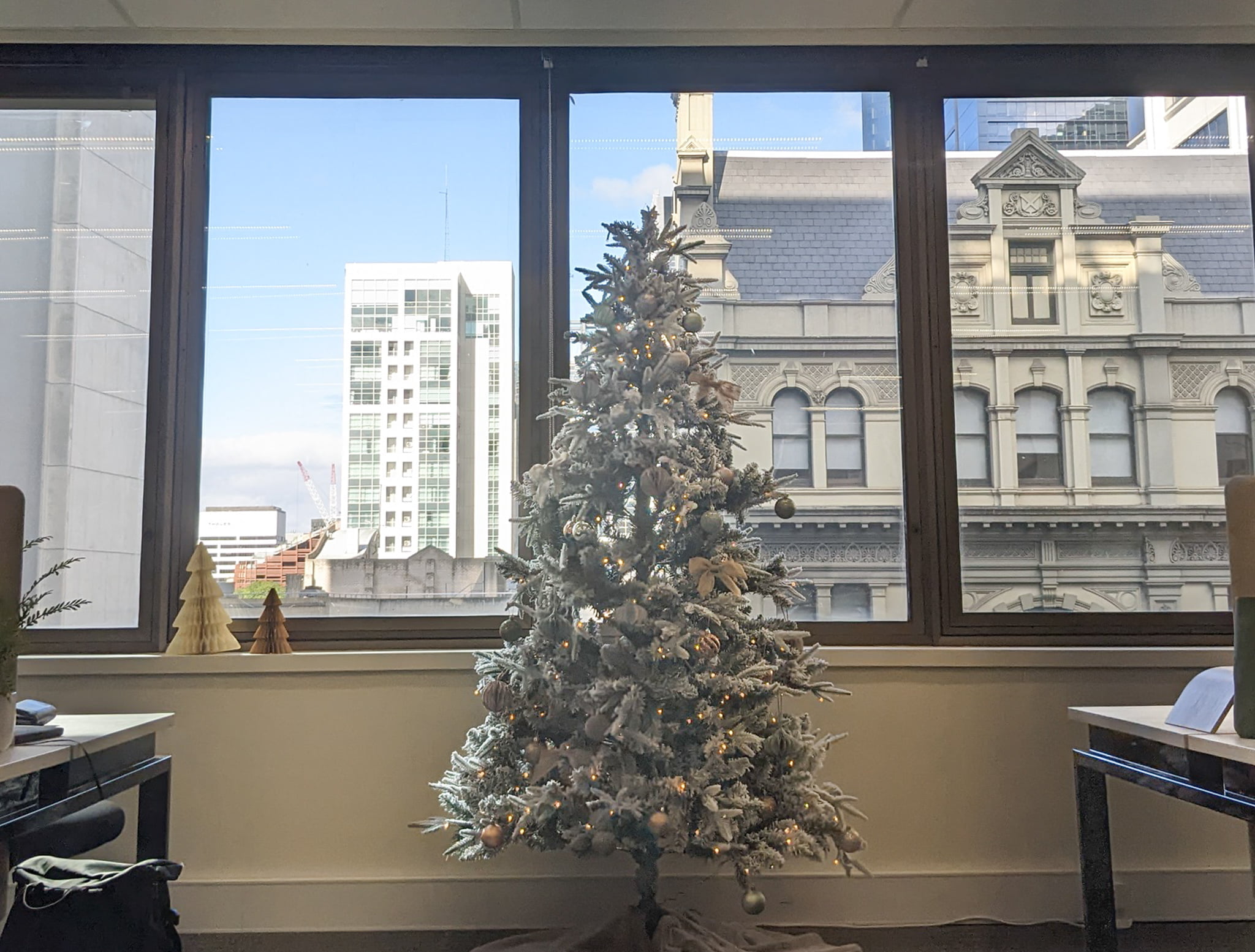 A christmas tree in a city office on a sunny day