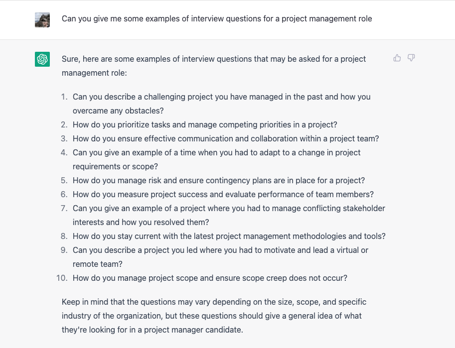 The ChatGPT Chatbot listing some interview questions for a project management role. Chatgpt Job search prompts