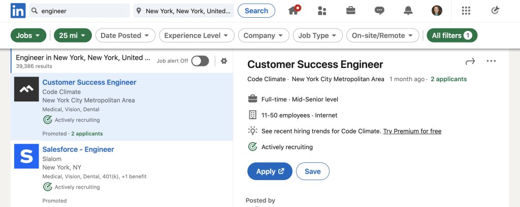 Linkedin Job Search screenshot. chatGPT job search.