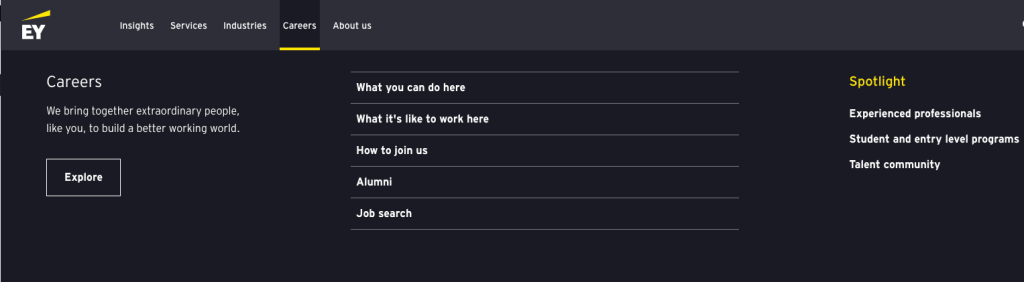 Screenshot of webpage of accounting firm EY which demonstrates their Careers page. 
